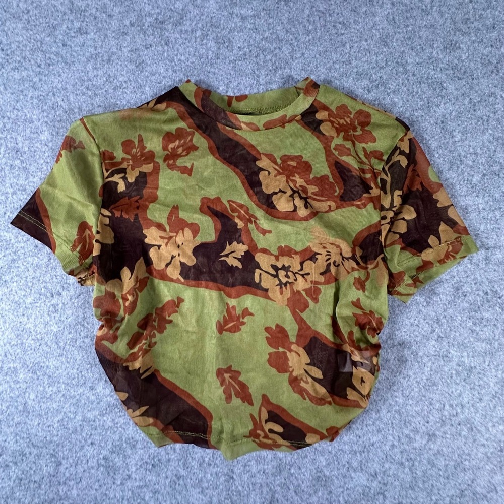 Commense Mesh Top Large Green Womens Floral Ruched Short Sleeve